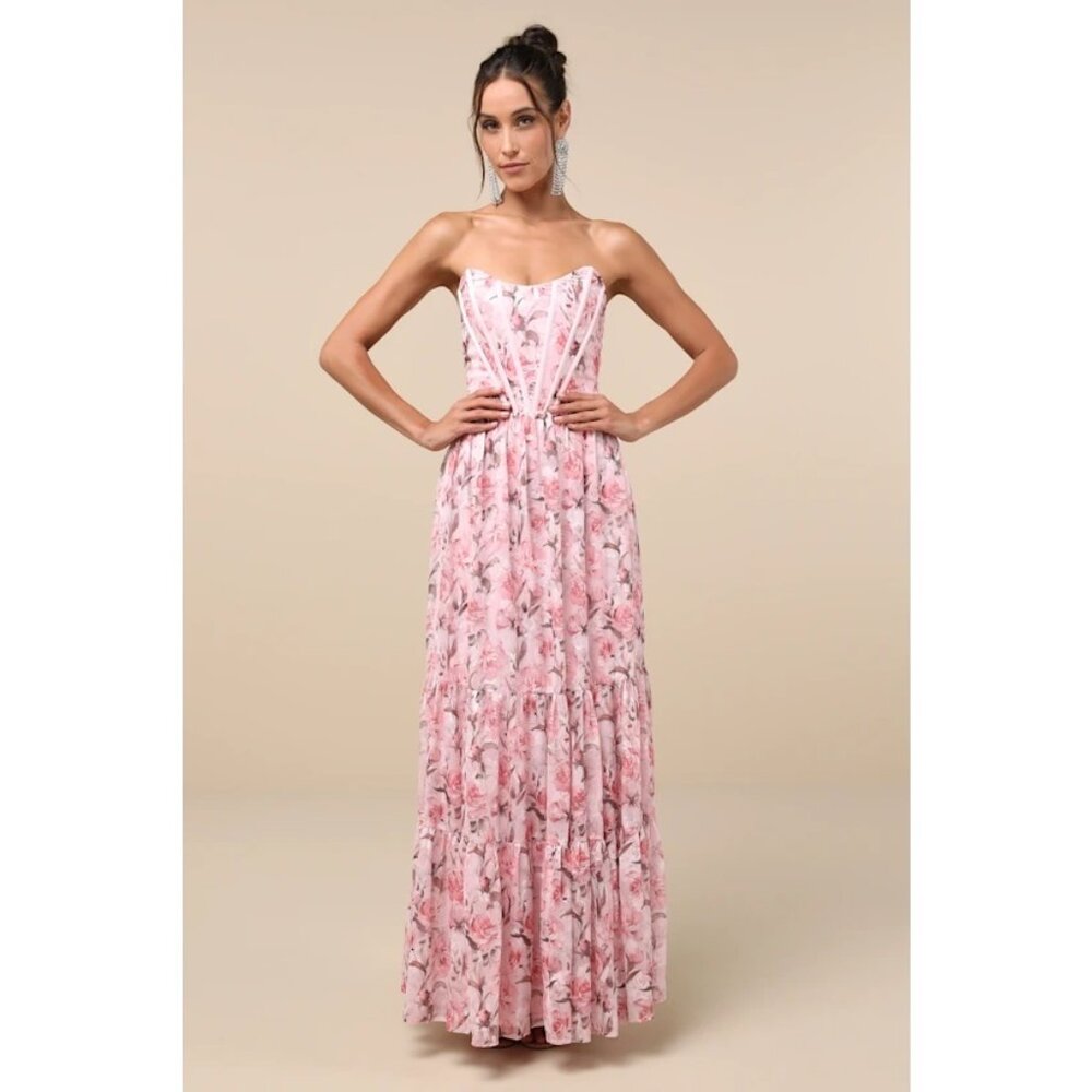 Lulus Special Moment Pink Floral Strapless Bustier Maxi Dress; Size M